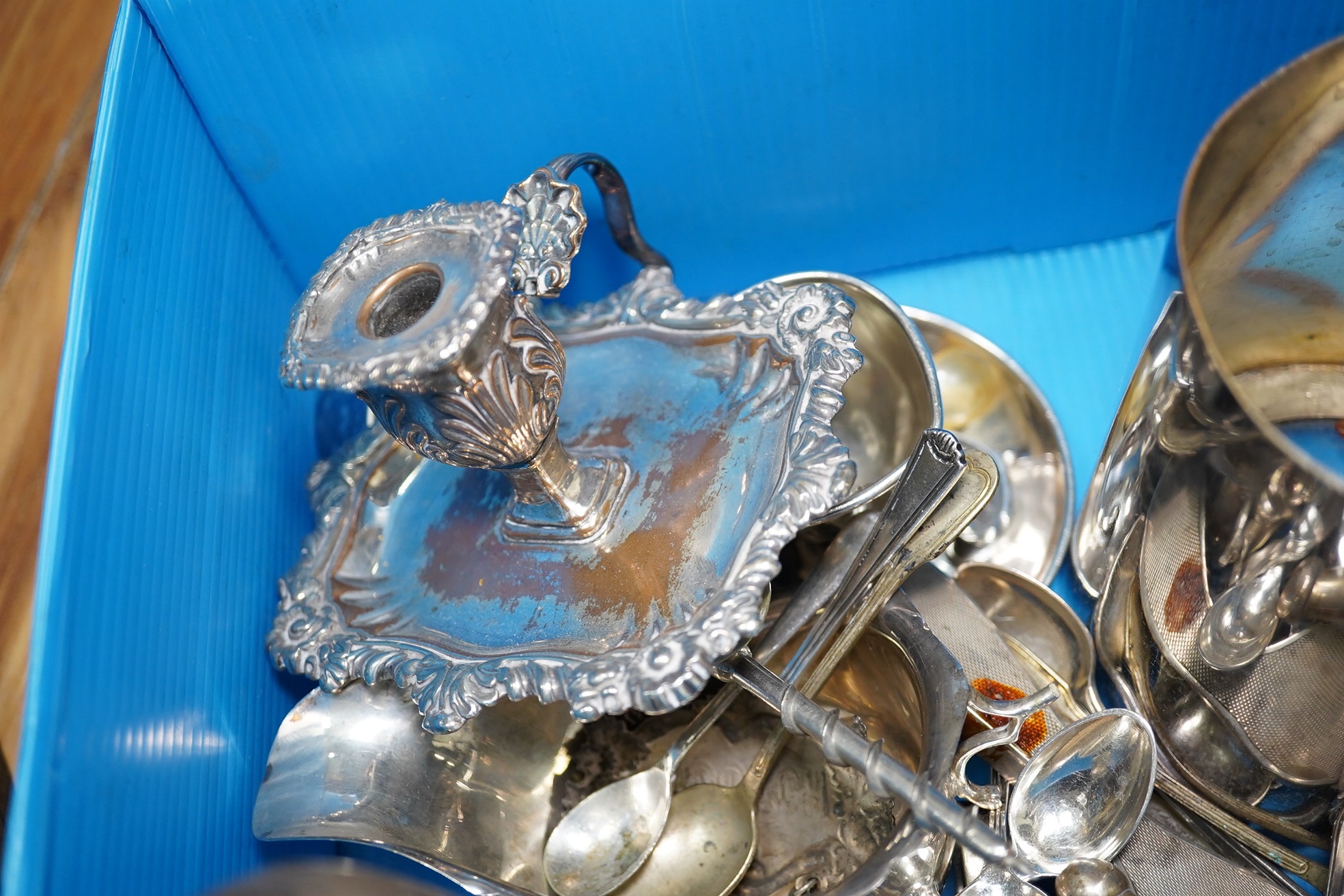 Three damaged silver items and a quantity of plated ware including mugs, chamberstick etc. Condition - varies